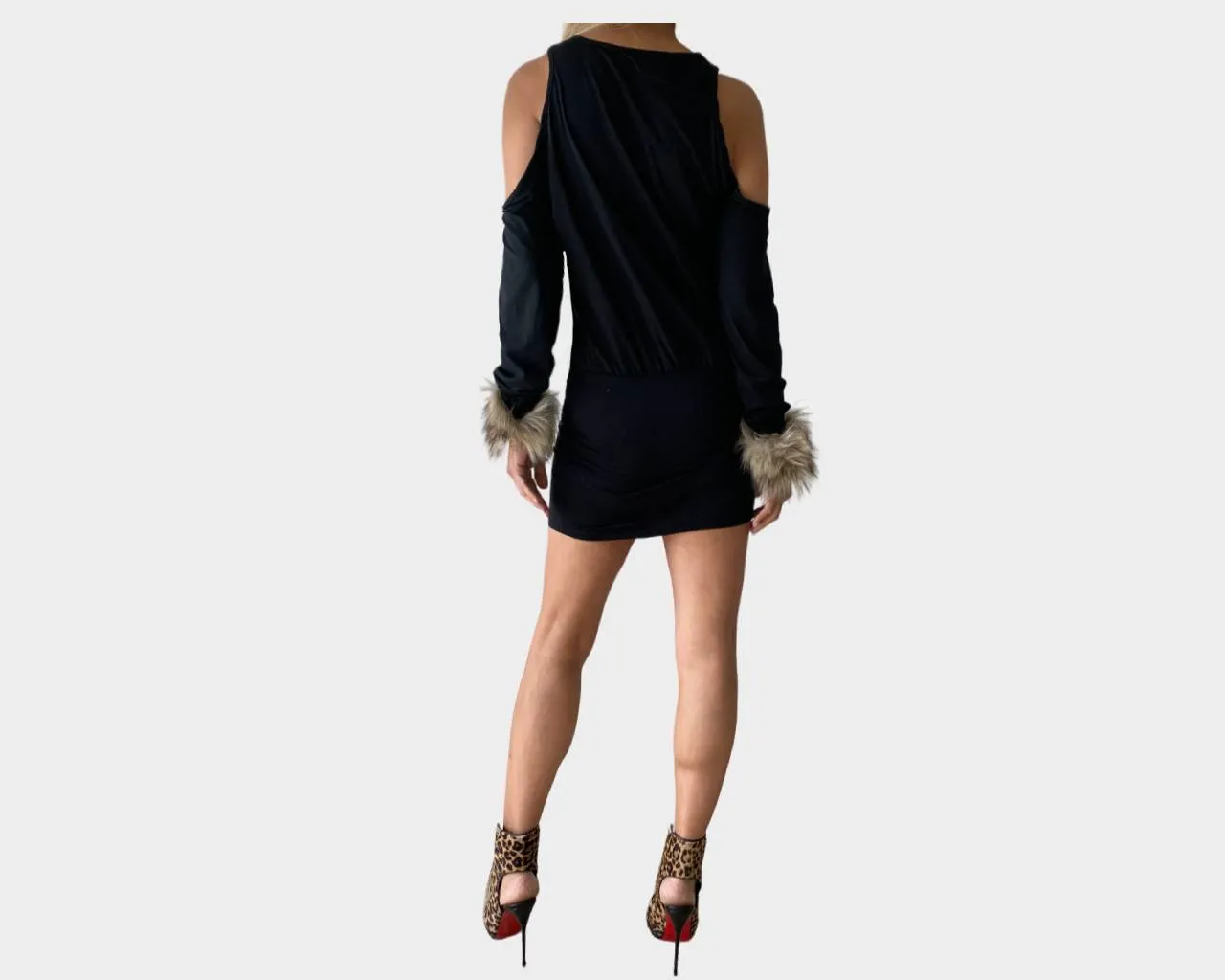 .1 Black and Sunset Taupe Cold Shoulder Fur Sleeves Dress - The Roma Il Pelame