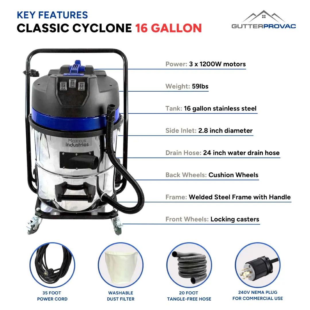 16 Gallon Classic Cyclone Gutter Vacuum with 28 Foot Carbon Clamping Poles, 25ft Hose and Pole Bag