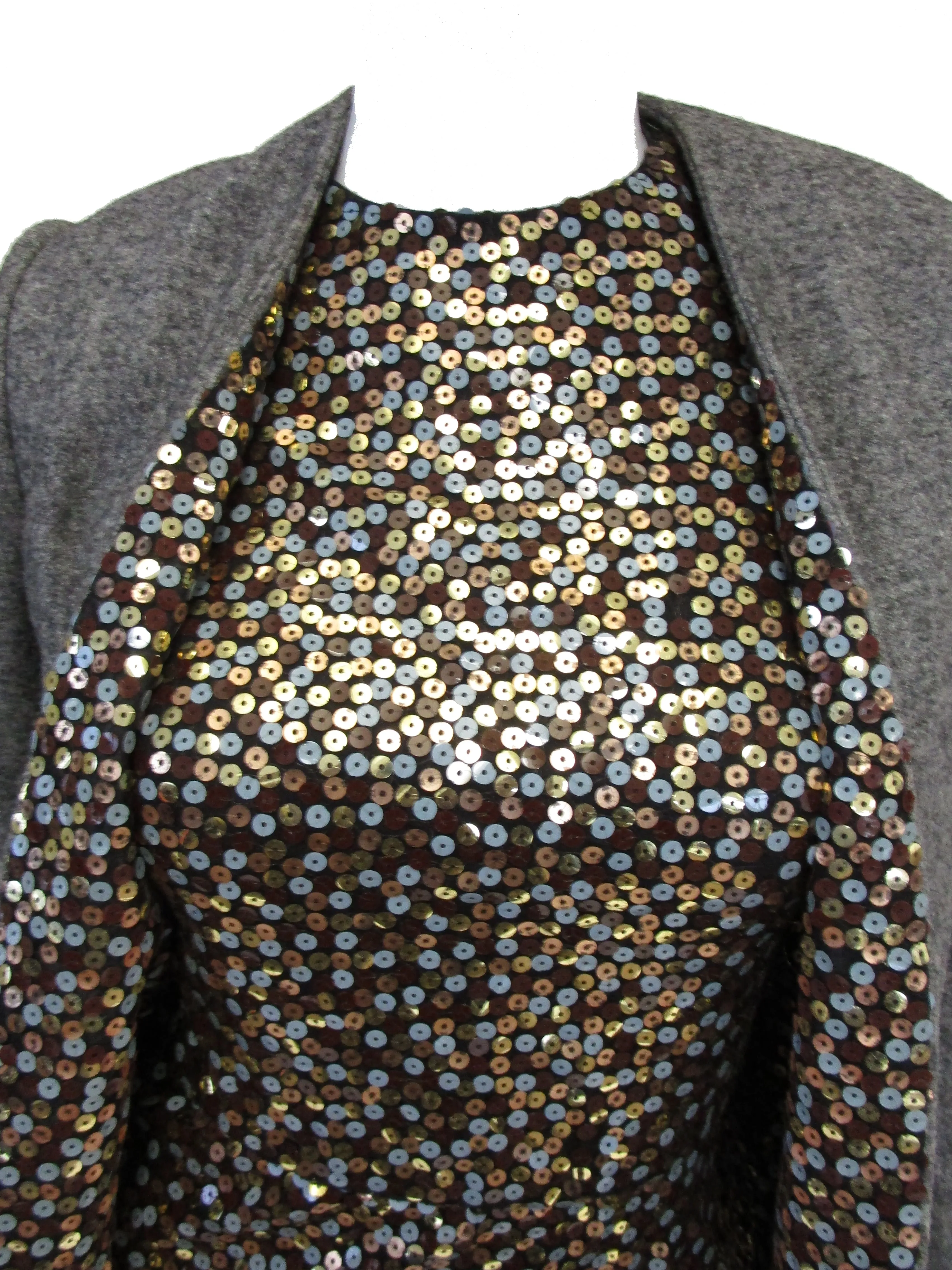 1960s Bill Blass Grey and Gold Sequin Dress with Sequin Lined Jacket XXS