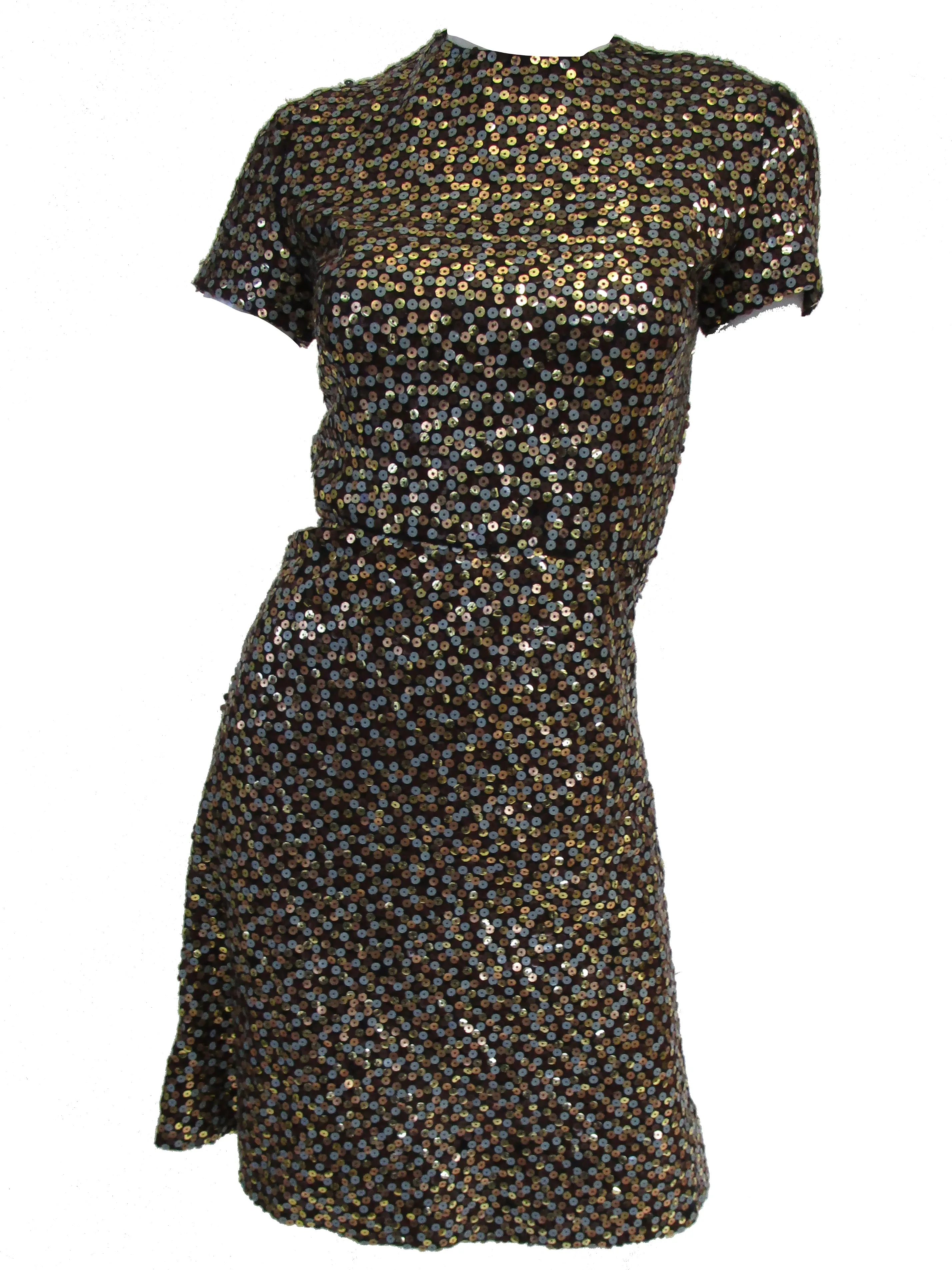 1960s Bill Blass Grey and Gold Sequin Dress with Sequin Lined Jacket XXS