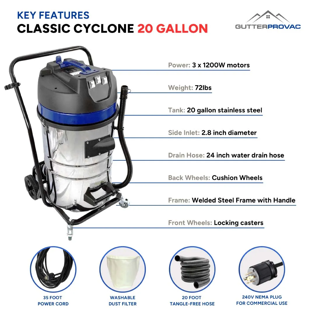 20 Gallon Classic Cyclone Gutter Vacuum Kit with 40 Foot Carbon Clamping Pole Set and 25 Foot Vacuum Hose