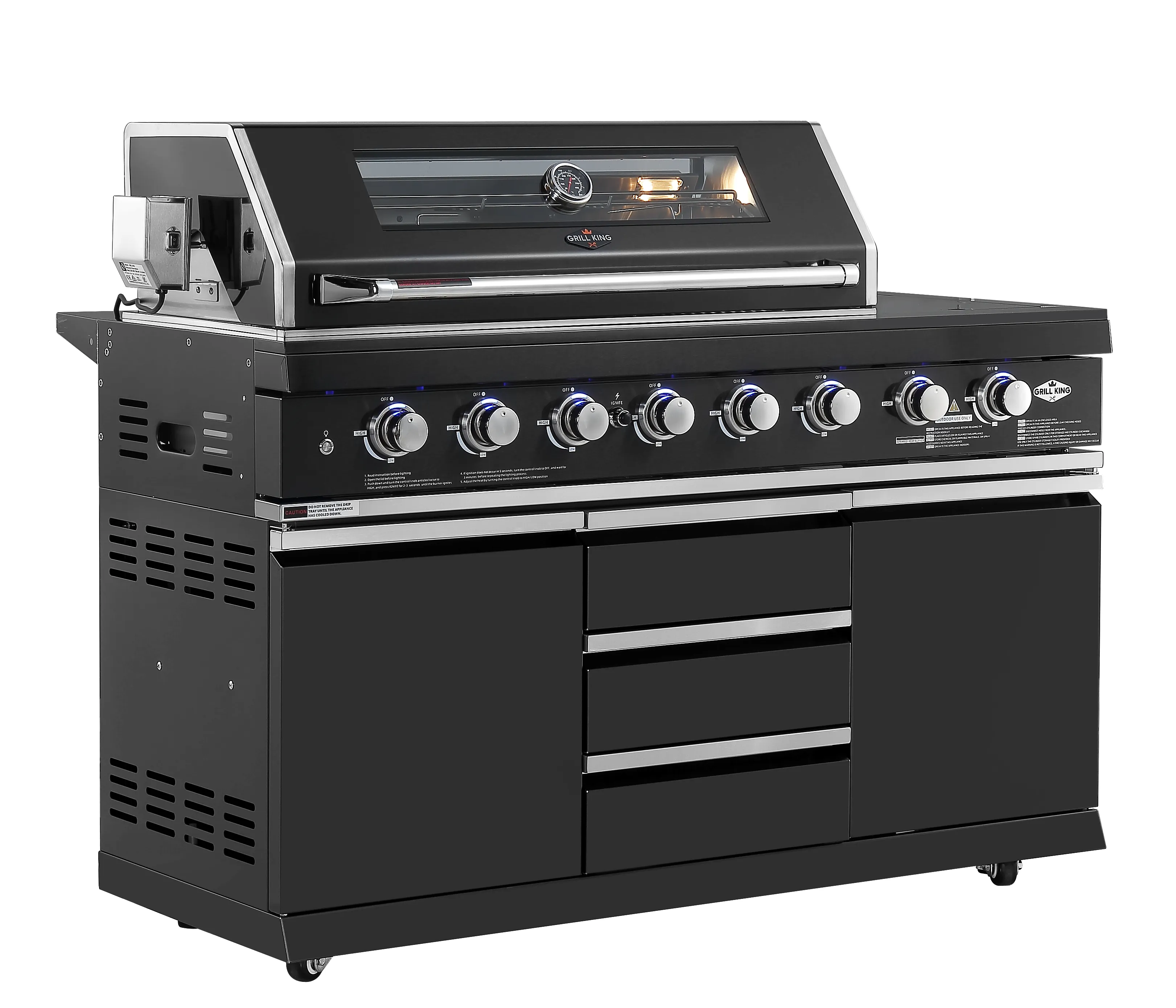 3.2M Kingsley 6-Burner Outdoor BBQ Kitchen   2DR Fridge   2DR Sink: Black Stainless Steel, Stone Bench, Fridge, Sink, Height Adjustable