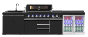 3.2M Kingsley 6-Burner Outdoor BBQ Kitchen   2DR Fridge   2DR Sink: Black Stainless Steel, Stone Bench, Fridge, Sink, Height Adjustable