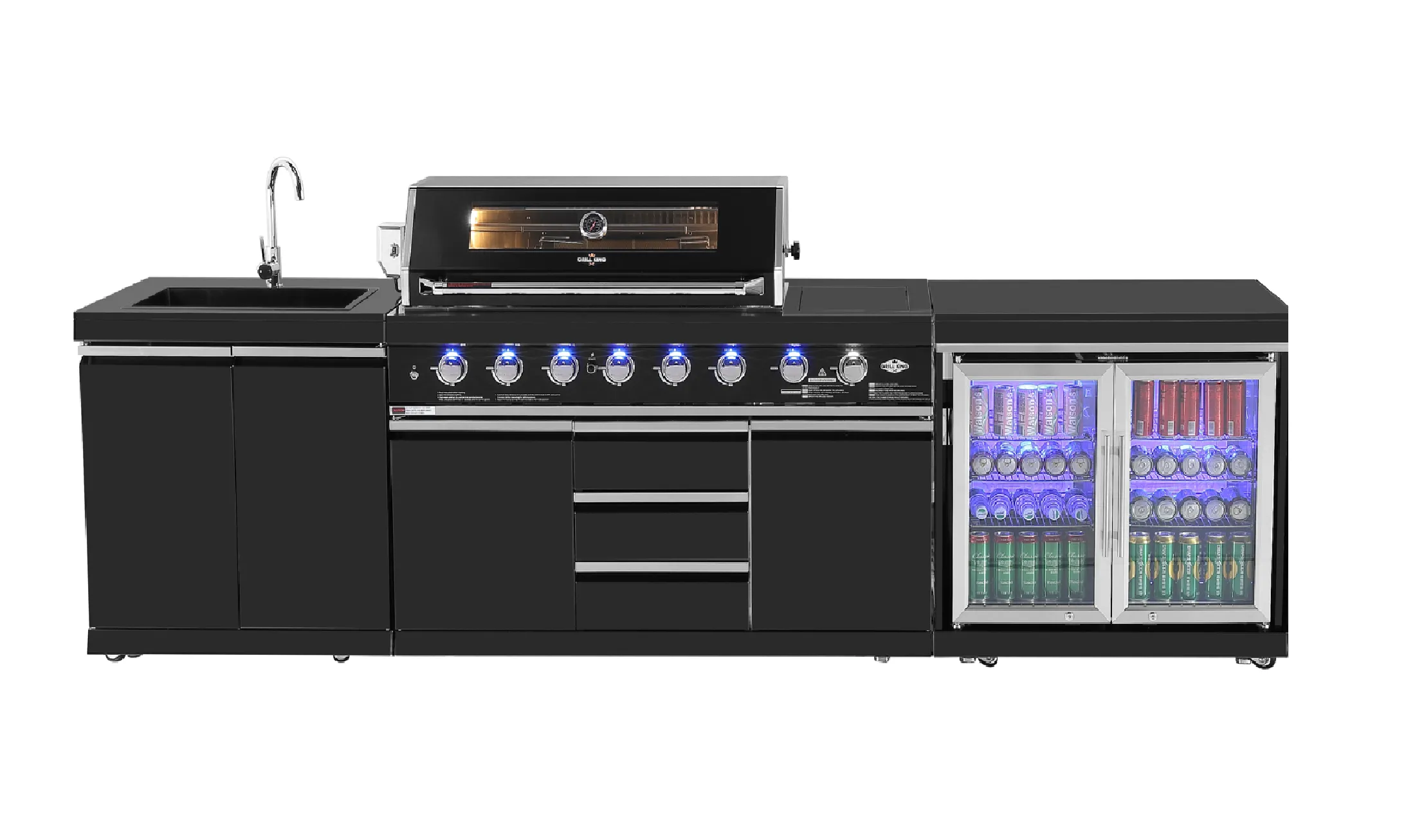 3.2M Kingsley 6-Burner Outdoor BBQ Kitchen   2DR Fridge   2DR Sink: Black Stainless Steel, Stone Bench, Fridge, Sink, Height Adjustable