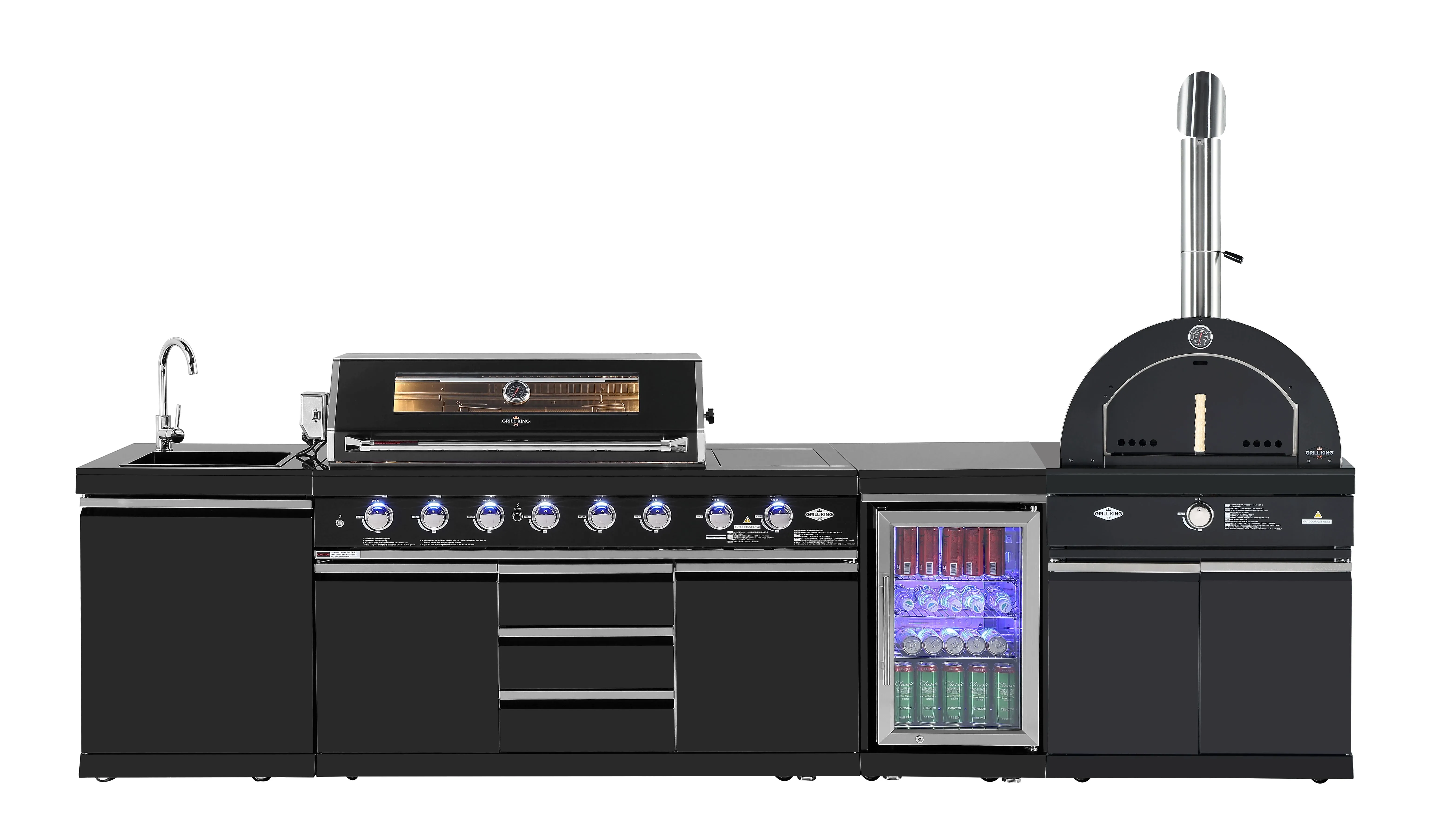 3.2M Kingsley 6-Burner Outdoor BBQ Kitchen   2DR Fridge   2DR Sink: Black Stainless Steel, Stone Bench, Fridge, Sink, Height Adjustable