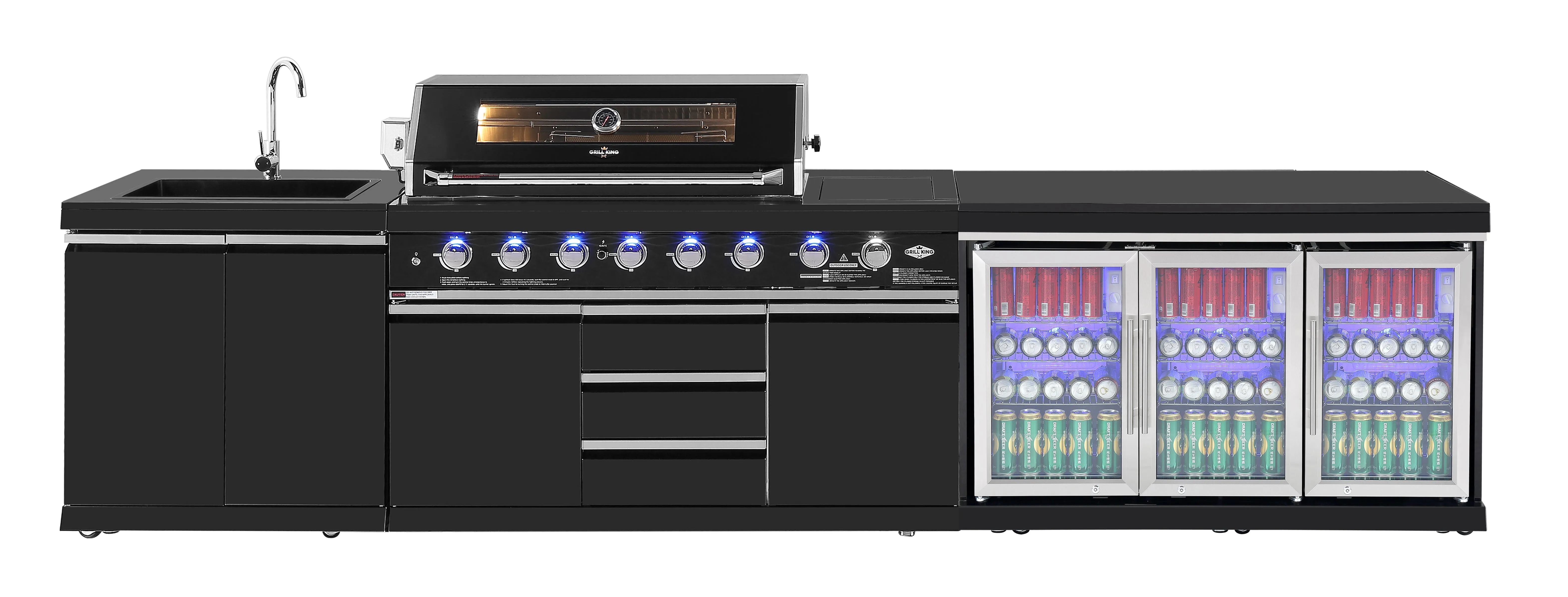 3.2M Kingsley 6-Burner Outdoor BBQ Kitchen   2DR Fridge   2DR Sink: Black Stainless Steel, Stone Bench, Fridge, Sink, Height Adjustable