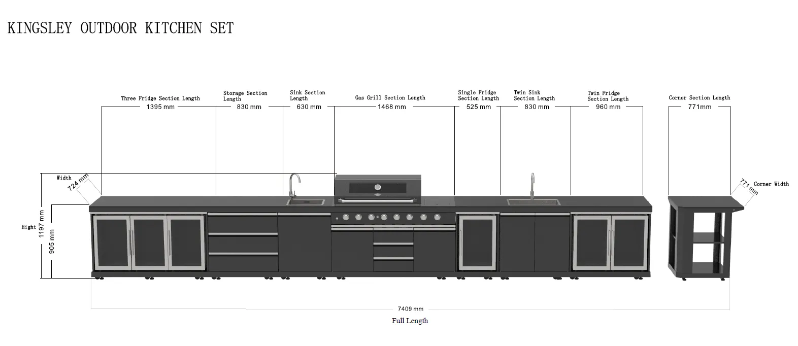 3.2M Kingsley 6-Burner Outdoor BBQ Kitchen   2DR Fridge   2DR Sink: Black Stainless Steel, Stone Bench, Fridge, Sink, Height Adjustable