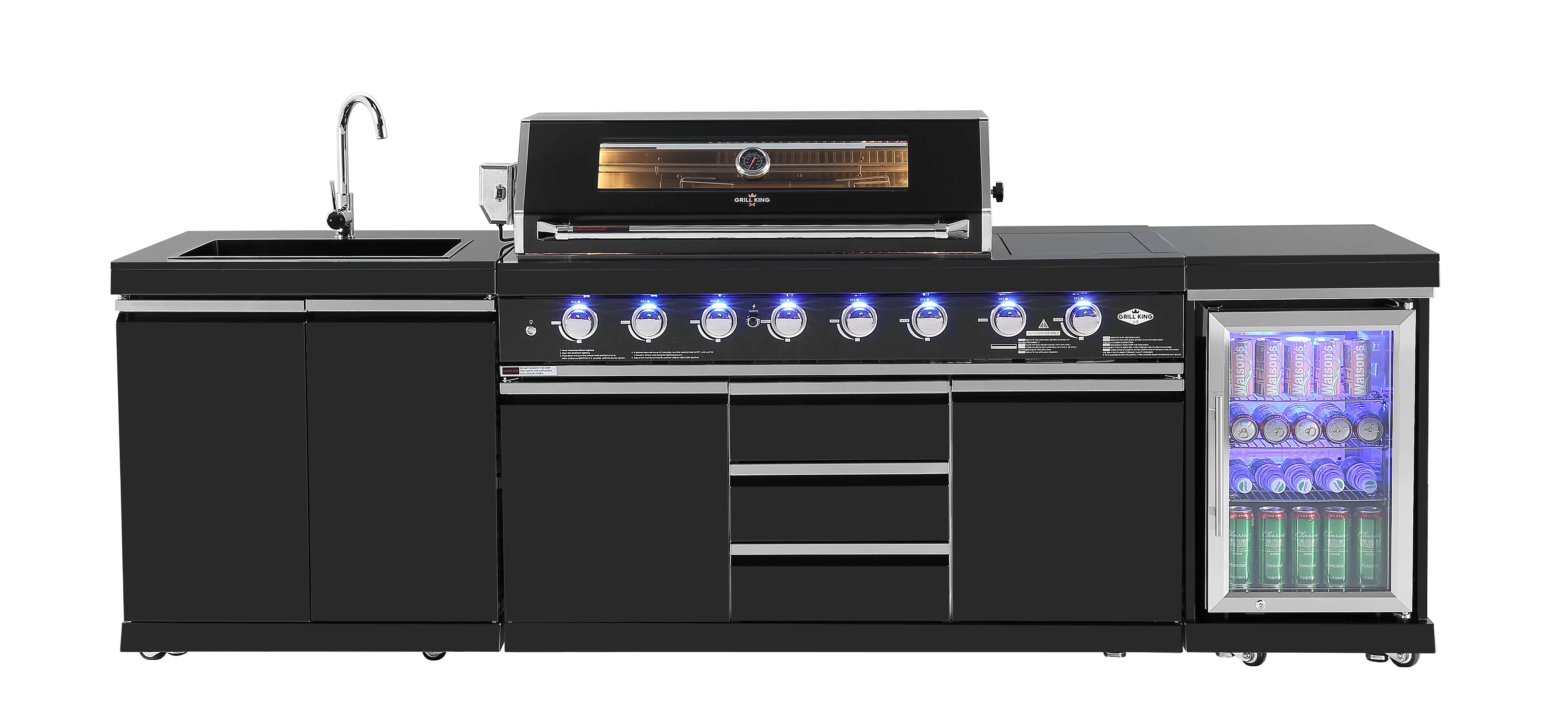 3.2M Kingsley 6-Burner Outdoor BBQ Kitchen   2DR Fridge   2DR Sink: Black Stainless Steel, Stone Bench, Fridge, Sink, Height Adjustable