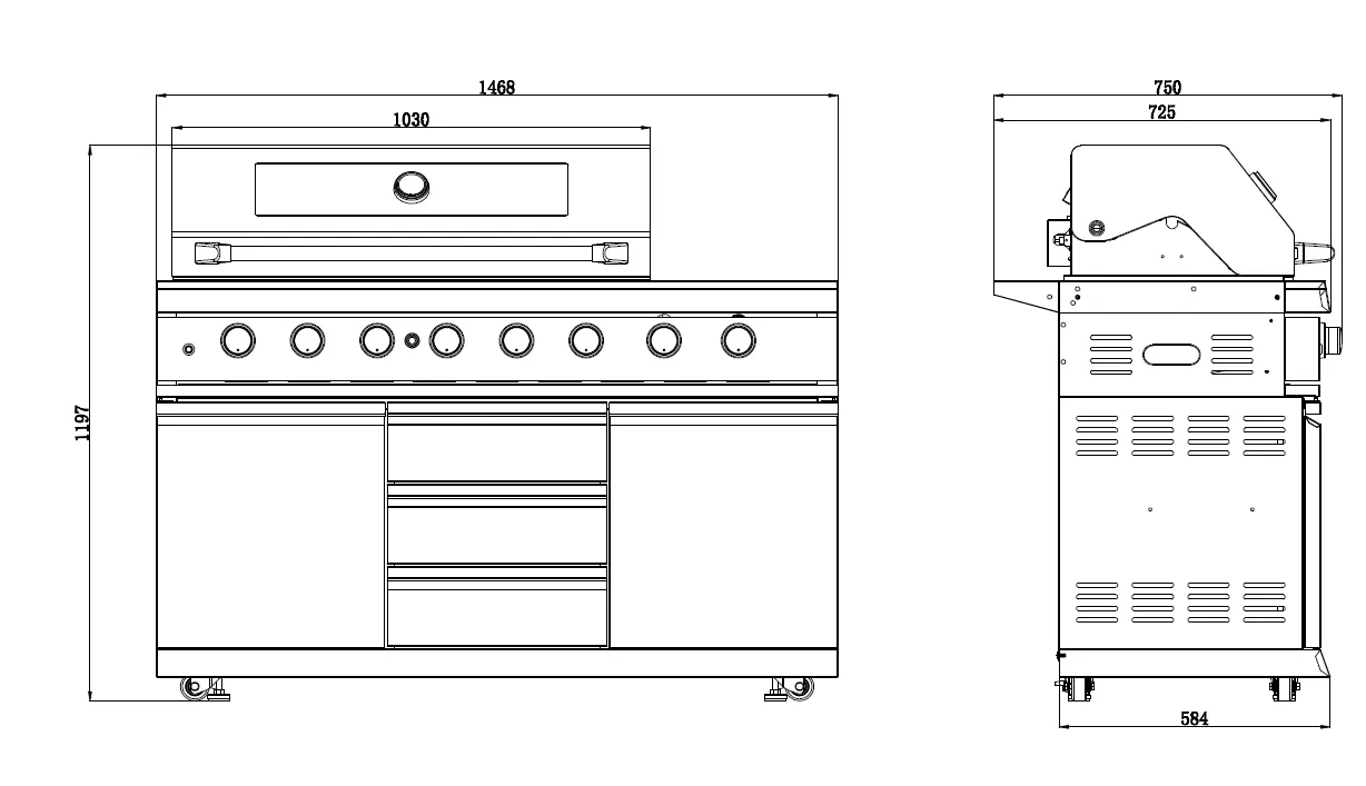 3.2M Kingsley 6-Burner Outdoor BBQ Kitchen   2DR Fridge   2DR Sink: Black Stainless Steel, Stone Bench, Fridge, Sink, Height Adjustable