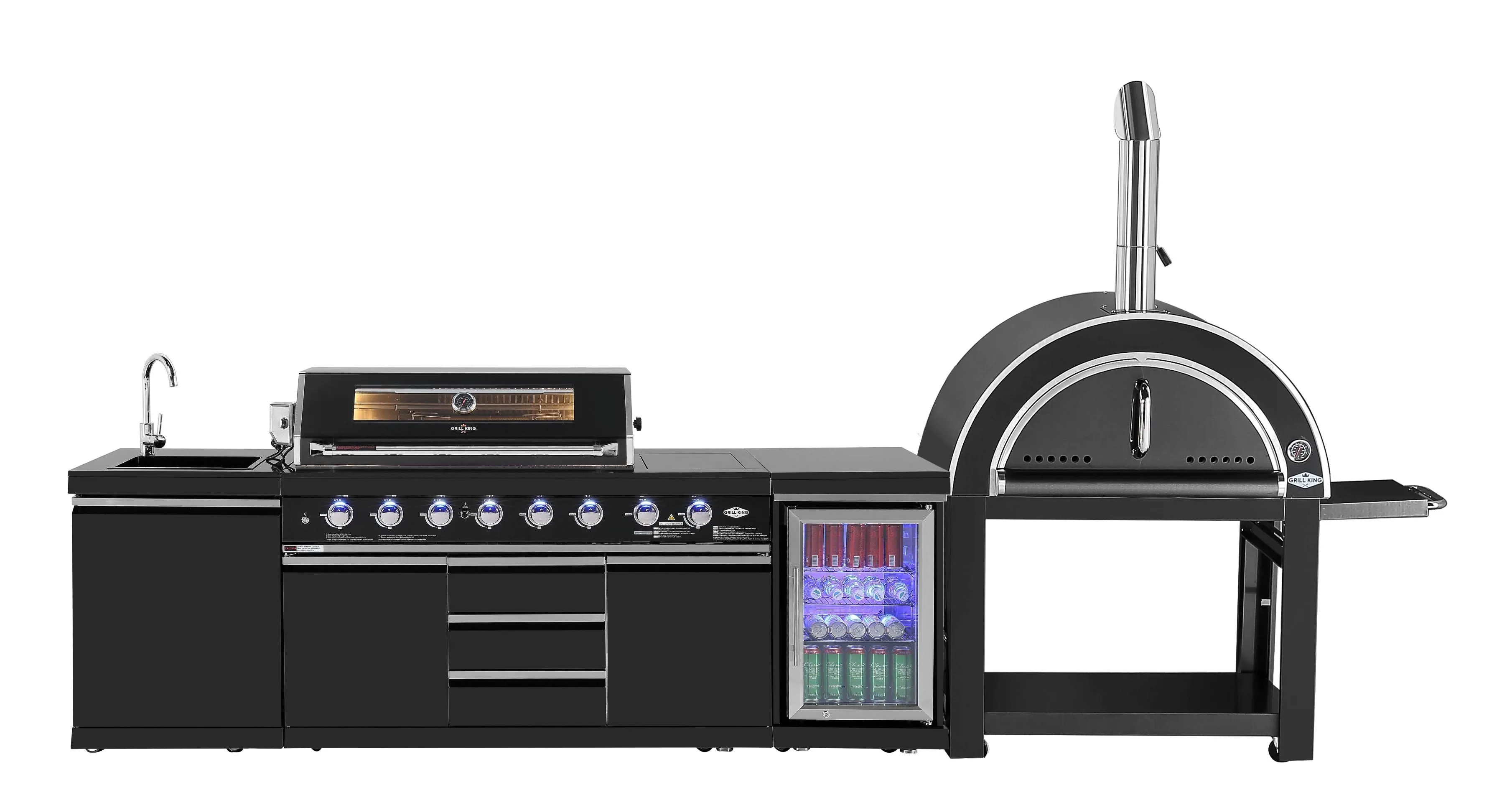 3.2M Kingsley 6-Burner Outdoor BBQ Kitchen   2DR Fridge   2DR Sink: Black Stainless Steel, Stone Bench, Fridge, Sink, Height Adjustable