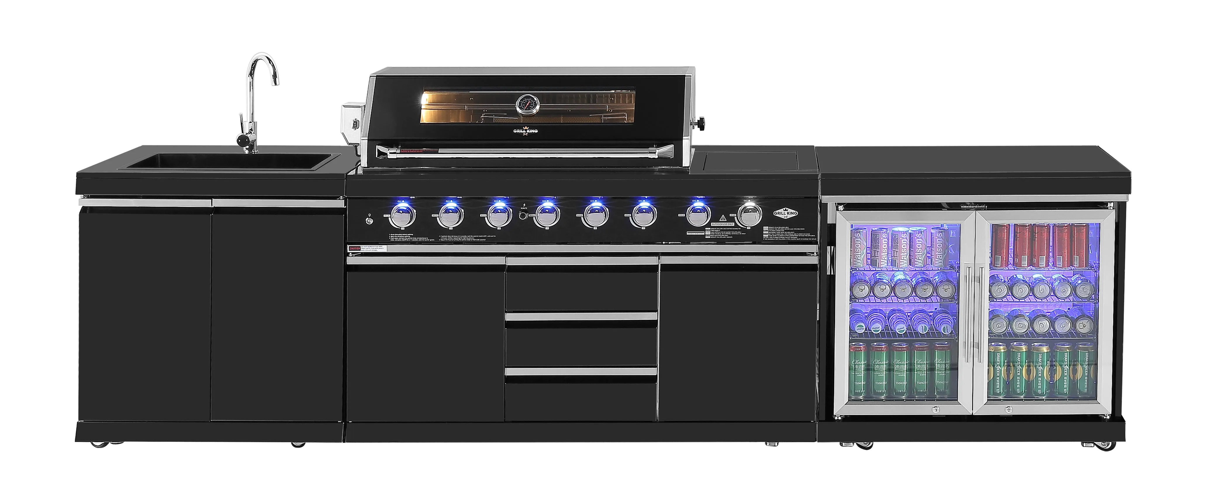 3.2M Kingsley 6-Burner Outdoor BBQ Kitchen   2DR Fridge   2DR Sink: Black Stainless Steel, Stone Bench, Fridge, Sink, Height Adjustable