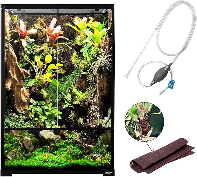 67 Gallon Large Reptile Terrarium 24"x18"x 36" Glass Paludarium Tank with 10” Deep Base, Siphon Gravel Cleaner Set and Plants Growing Cotton Mat Included