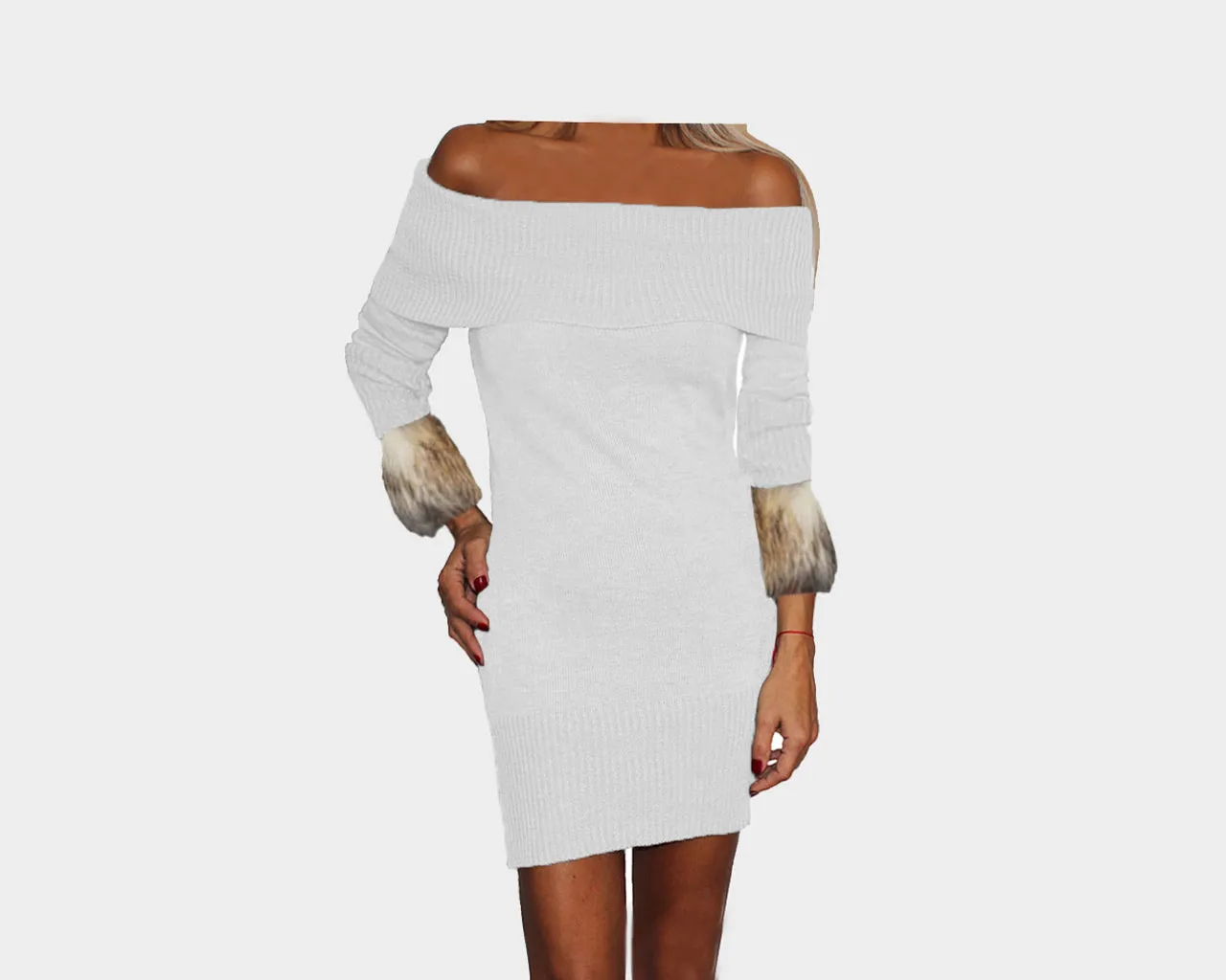 97 White and Sunset Taupe Knit Off the Shoulder Dress - The St. Moritz