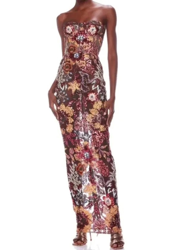 A&A Luxe Strapless Handmade Floral Sequin Maxi Gown Dress