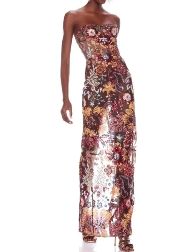 A&A Luxe Strapless Handmade Floral Sequin Maxi Gown Dress