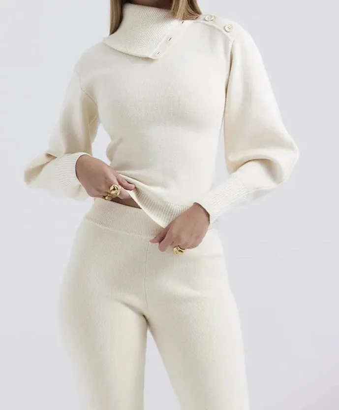 A&A Two Piece High Neck Turn Down Collar and Flared Pants Knit Set