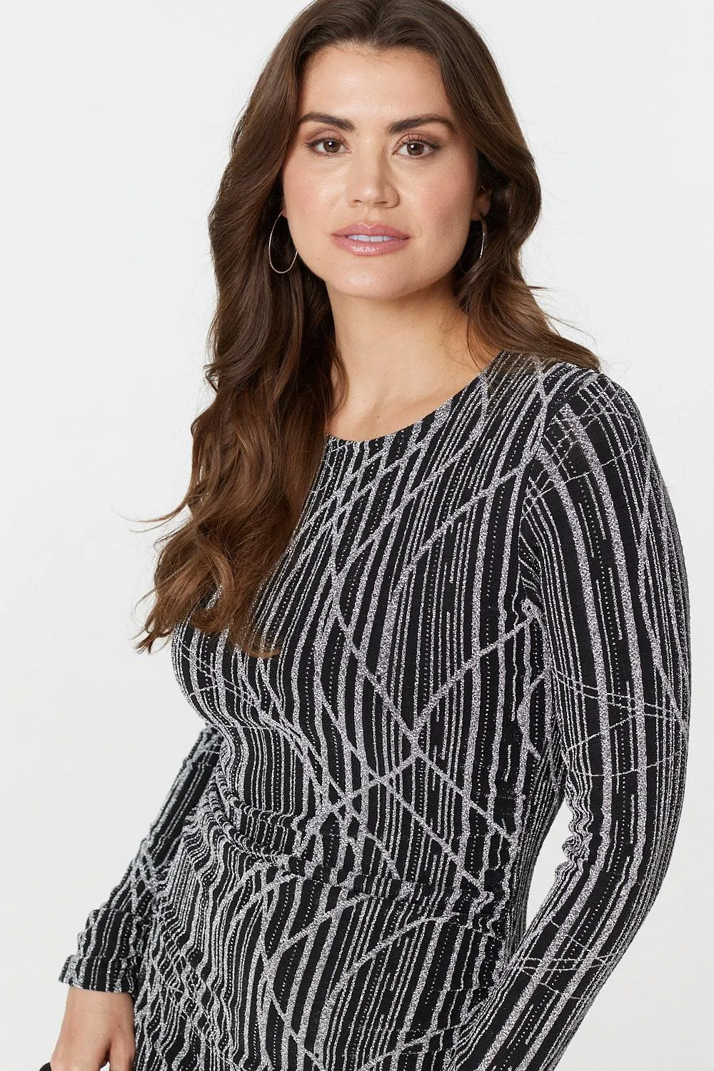 Abstract Print Long Sleeve Ruched Midi Dress