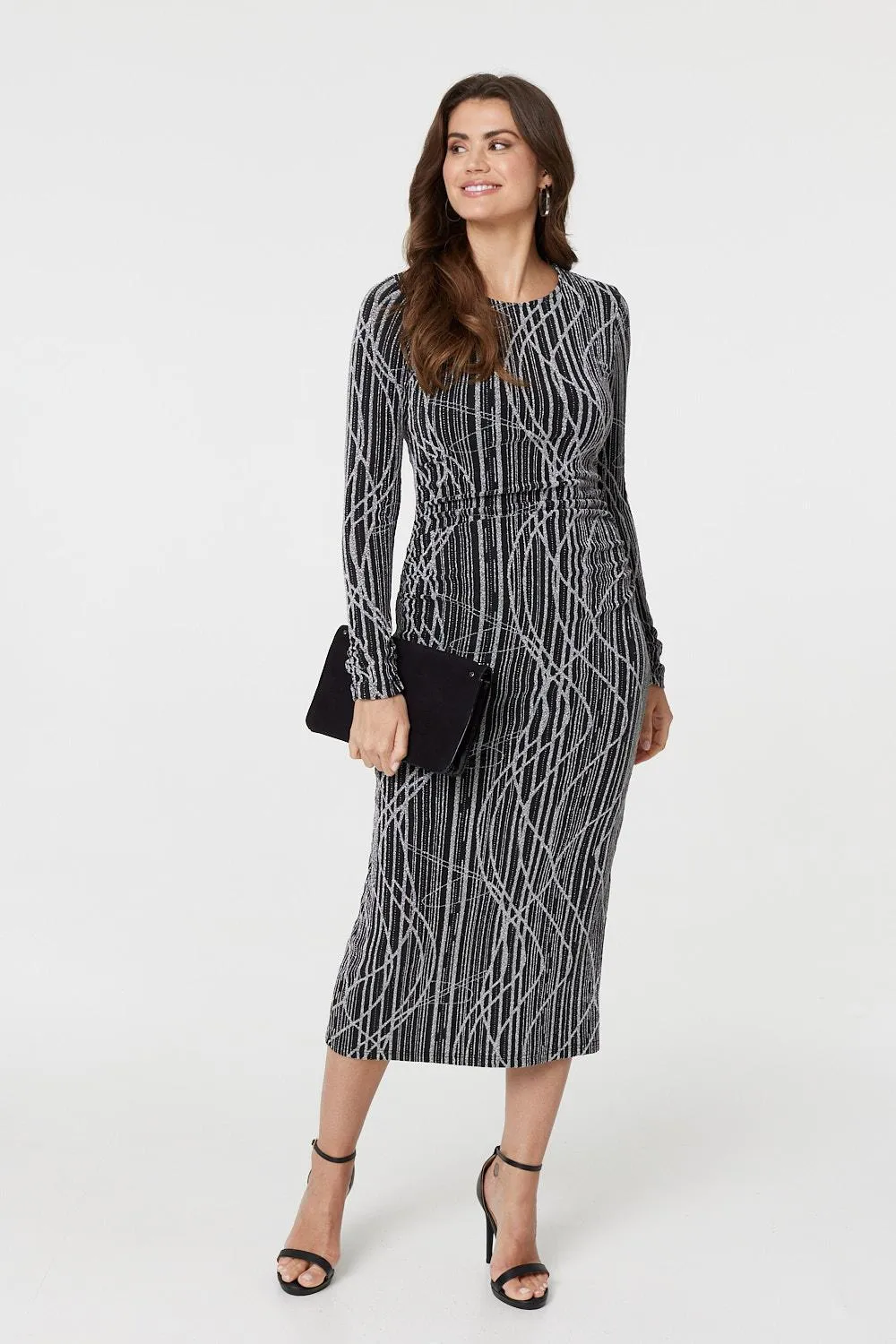 Abstract Print Long Sleeve Ruched Midi Dress