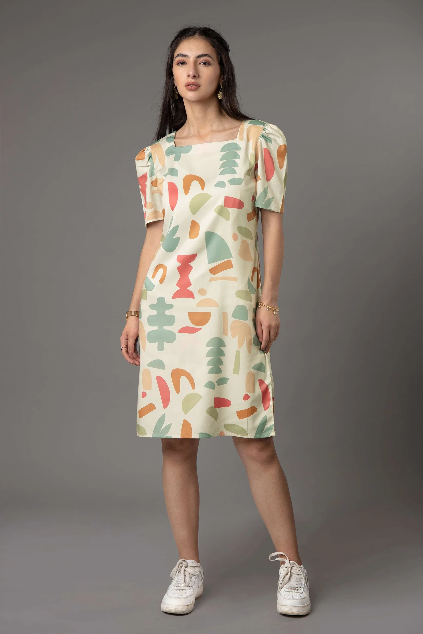 Abstract Square Neck Midi Dress