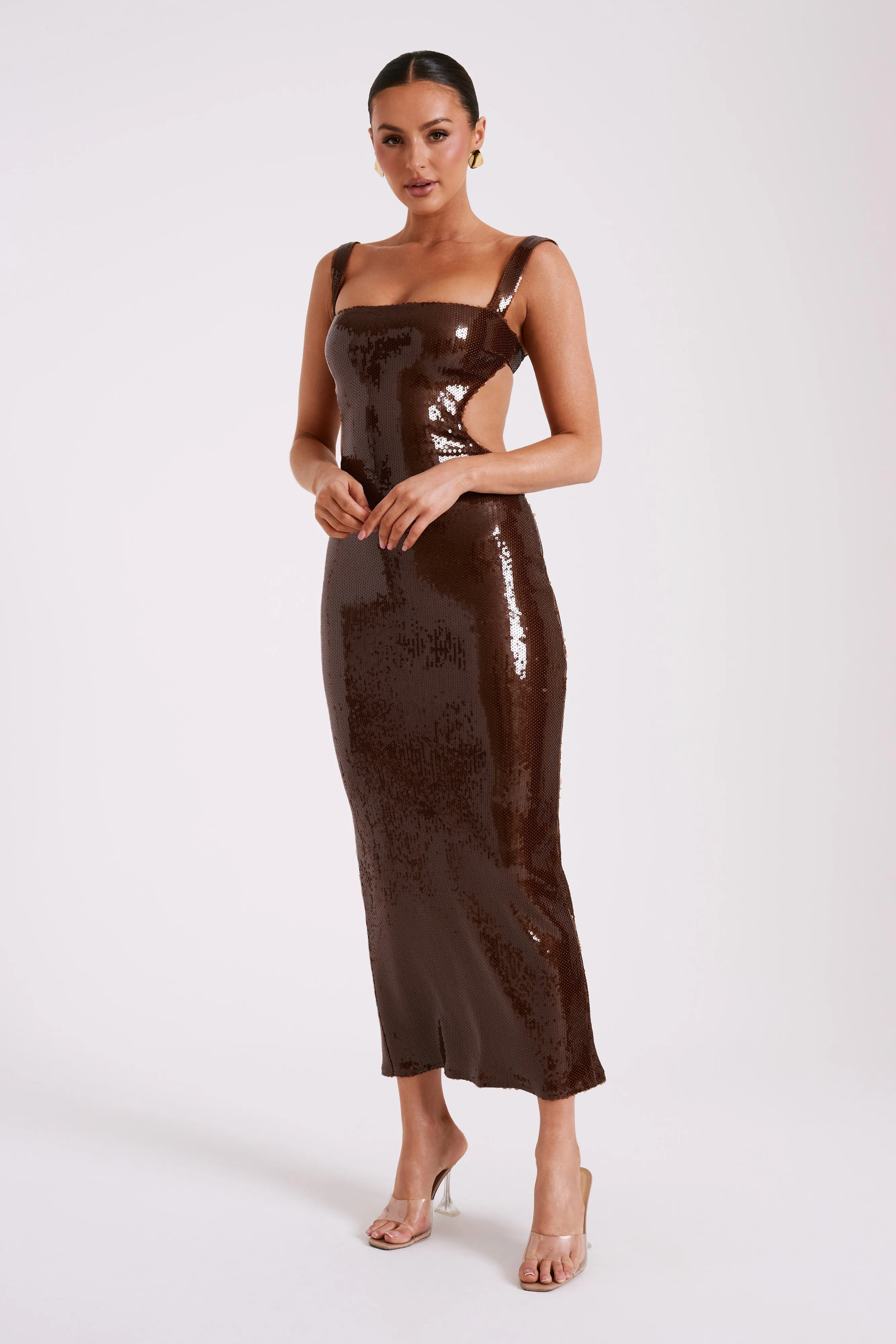 Adoria Sequin Cut Out Maxi Dress - Chocolate