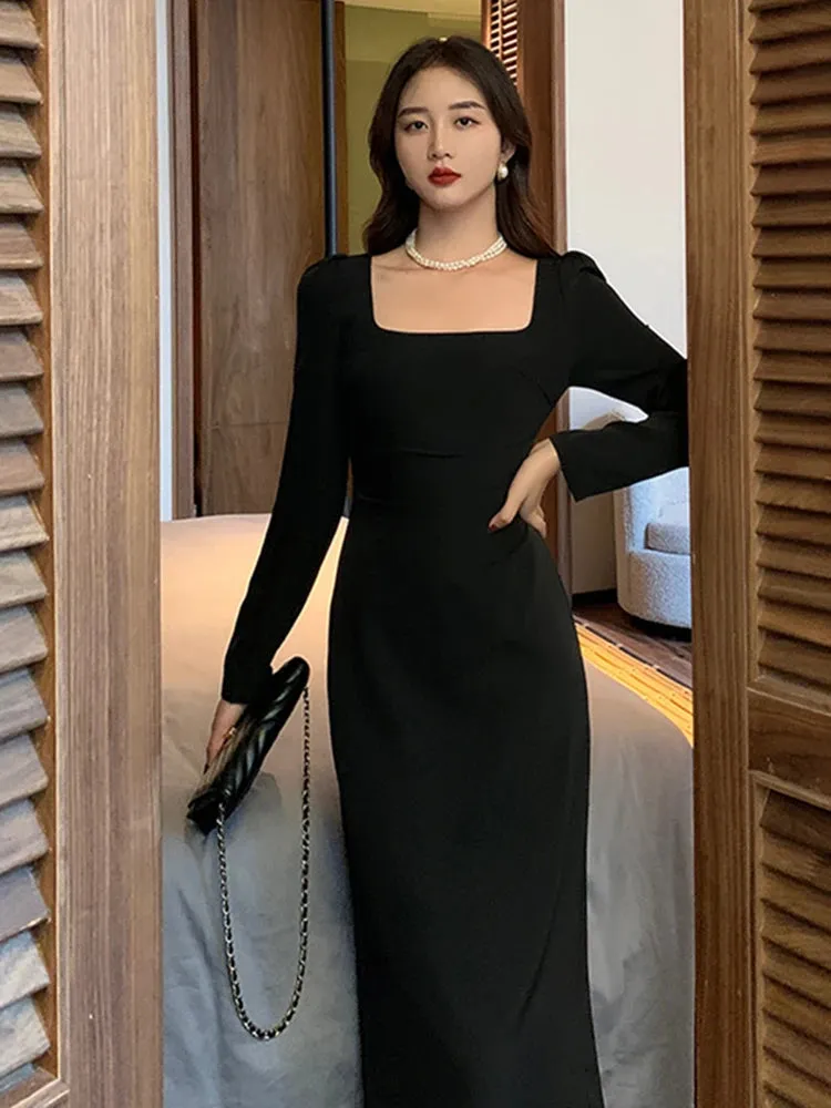 Advbridge  -  Autumn Spring New Elegant  Bodycon Midi Dress Fashion Office Lady Long Sleeves Solid Color Midi Women Slim Party Clothes