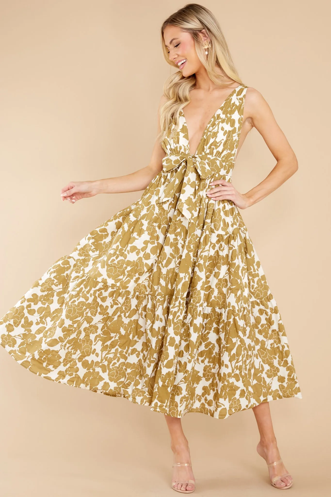 Always Authentic Ivory And Tan Floral Print Dress