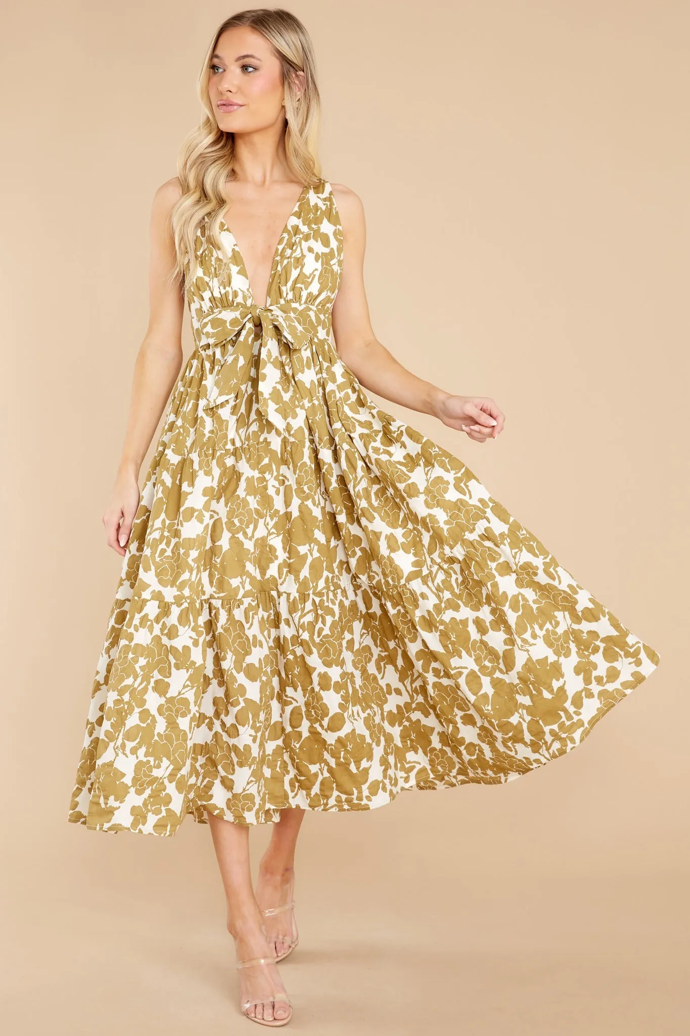 Always Authentic Ivory And Tan Floral Print Dress