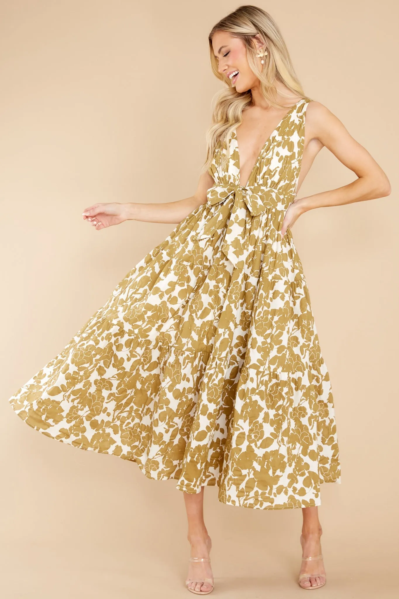 Always Authentic Ivory And Tan Floral Print Dress