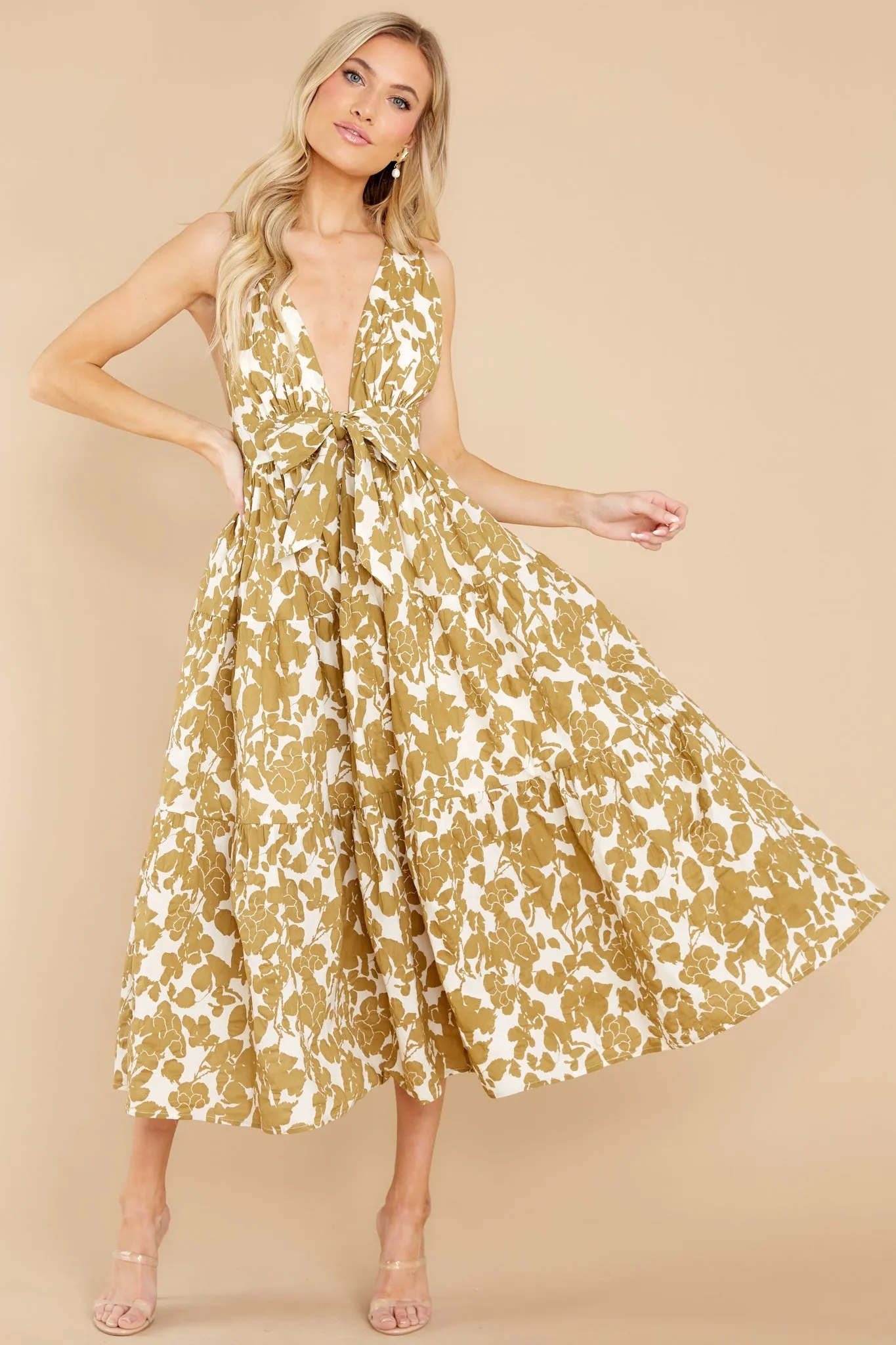 Always Authentic Ivory And Tan Floral Print Dress