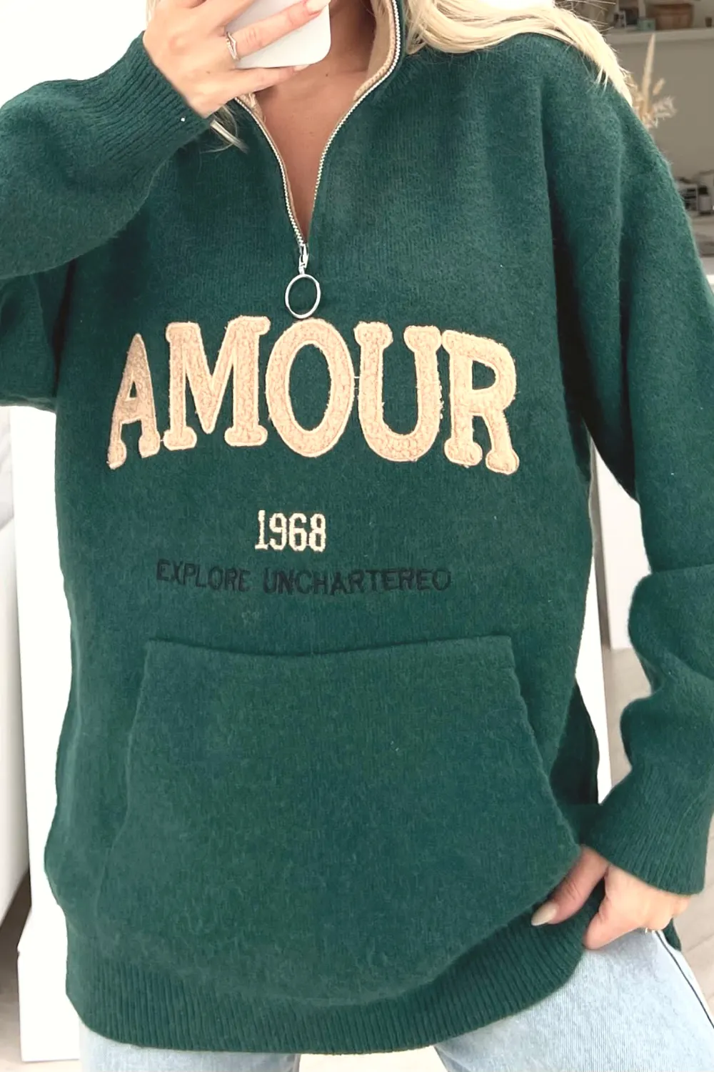 Amour green embroidered knitted 1/4 zip jumper