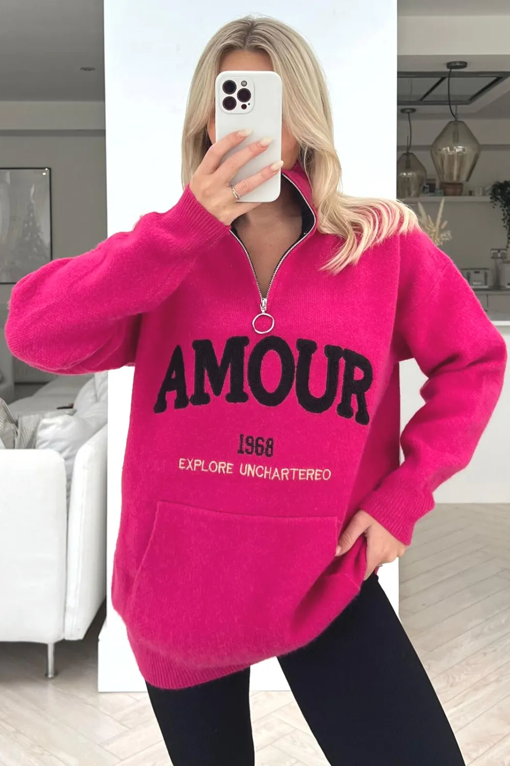 Amour Pink embroidered knitted 1/4 zip jumper