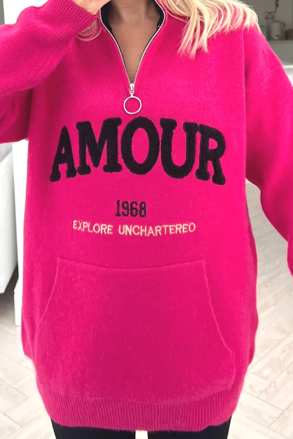 Amour Pink embroidered knitted 1/4 zip jumper