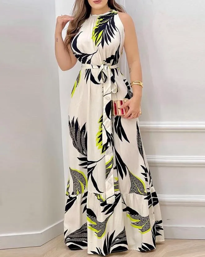 Amozae Dresses for Women 2023 Spring Fashion Leaf Print Sleeveless Casual O-Neck Maxi Daily Vacation Dress with Belt