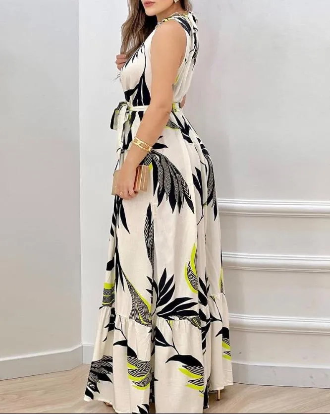 Amozae Dresses for Women 2023 Spring Fashion Leaf Print Sleeveless Casual O-Neck Maxi Daily Vacation Dress with Belt