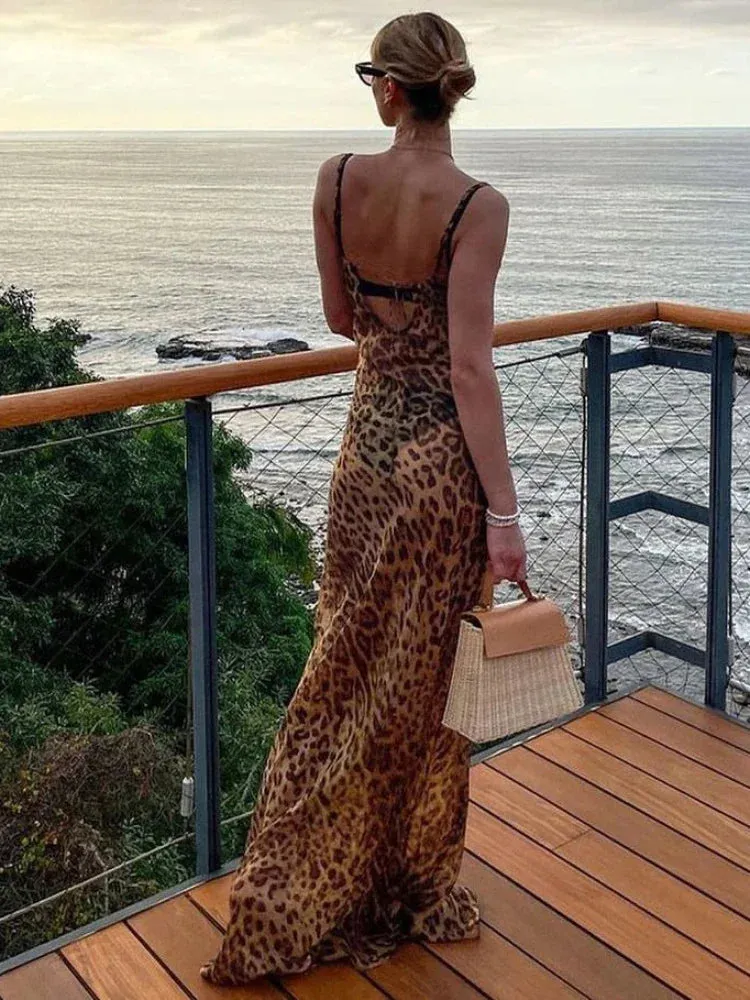 Amozae Summer Sexy See Through Dress Maxi Backless Leopard  Sheer Beach Dress Lace Up Elegant Floor Length Holiday Dress