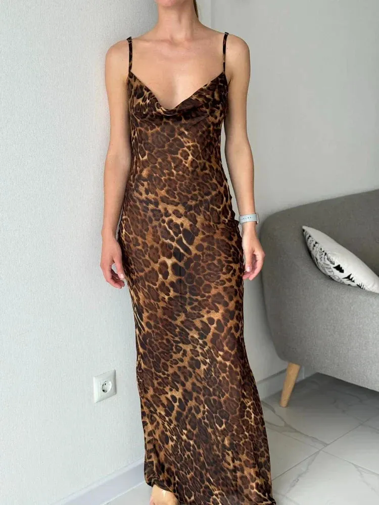 Amozae Summer Sexy See Through Dress Maxi Backless Leopard  Sheer Beach Dress Lace Up Elegant Floor Length Holiday Dress