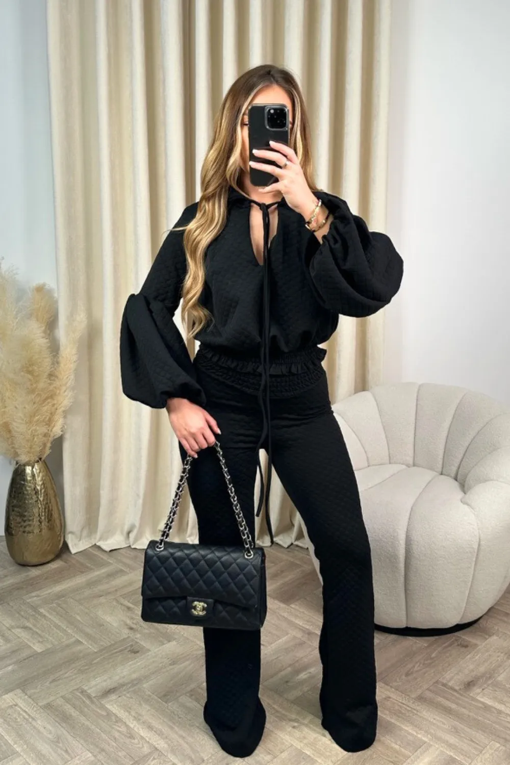 Anastasia black quilted blouse and pants co-ord