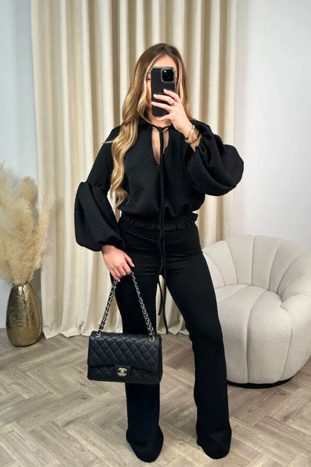 Anastasia black quilted blouse and pants co-ord