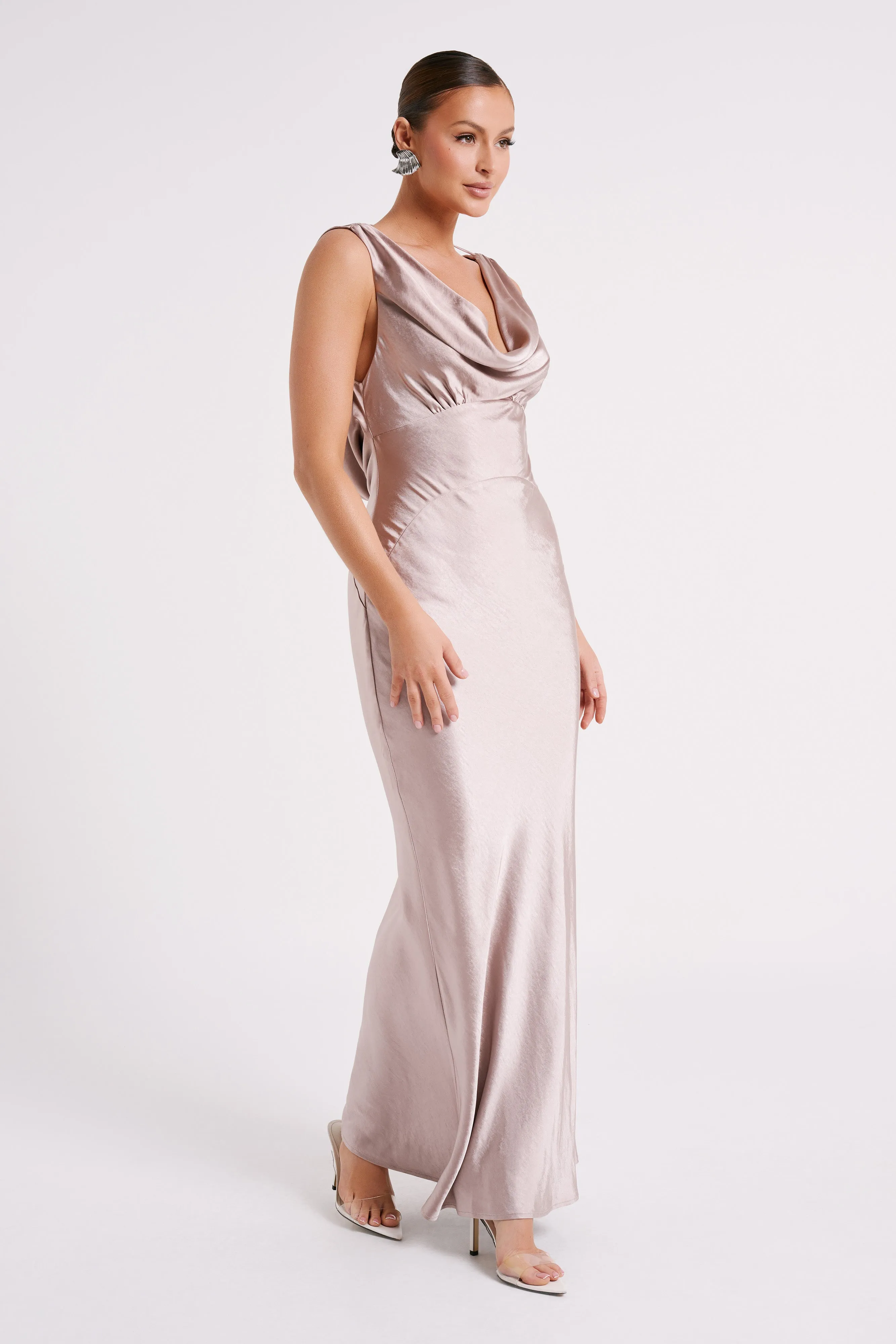 Angelique Satin Cowl Back Maxi Dress - Taupe