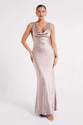 Angelique Satin Cowl Back Maxi Dress - Taupe