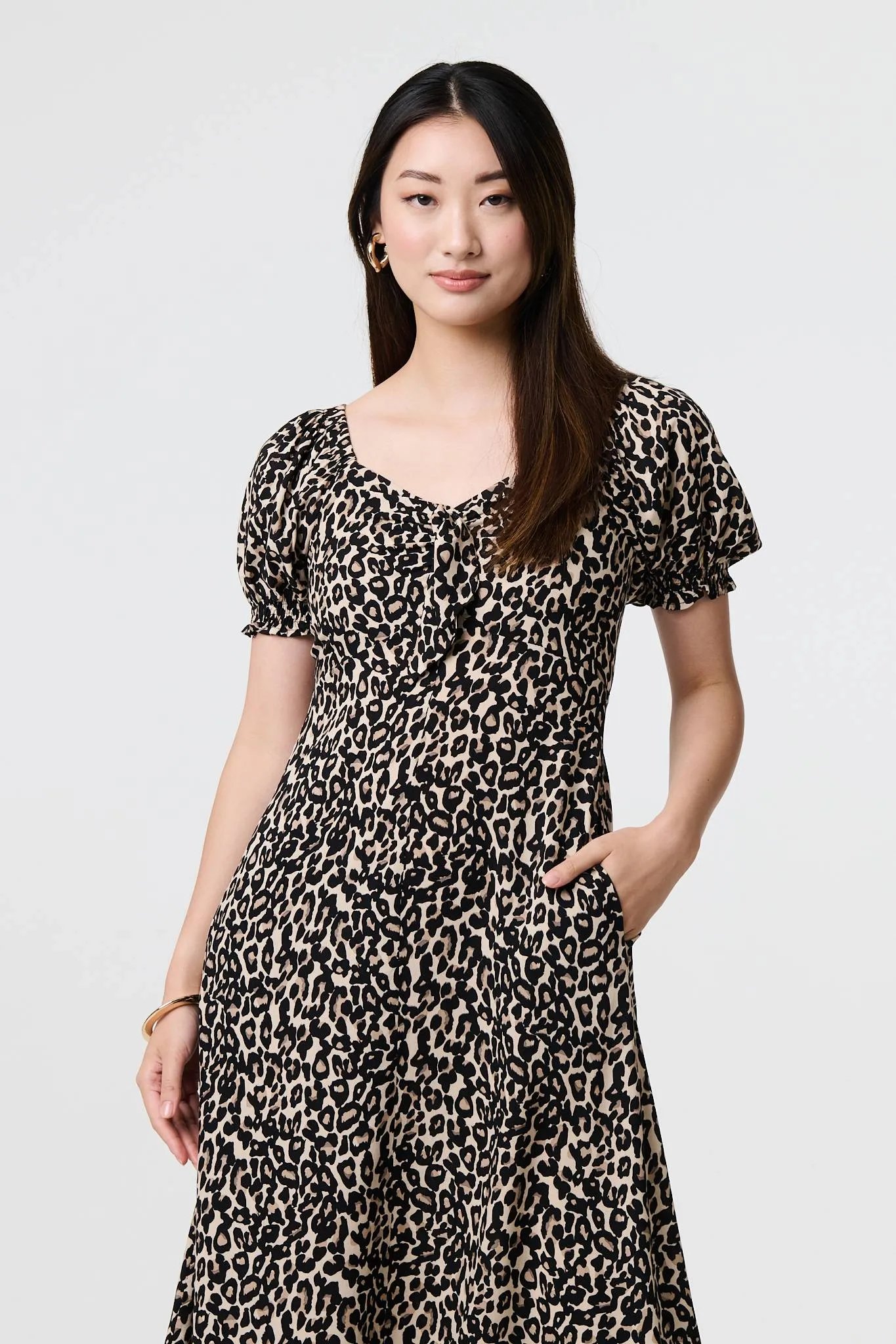 Animal Print Short Puff Sleeve Maxi Dress