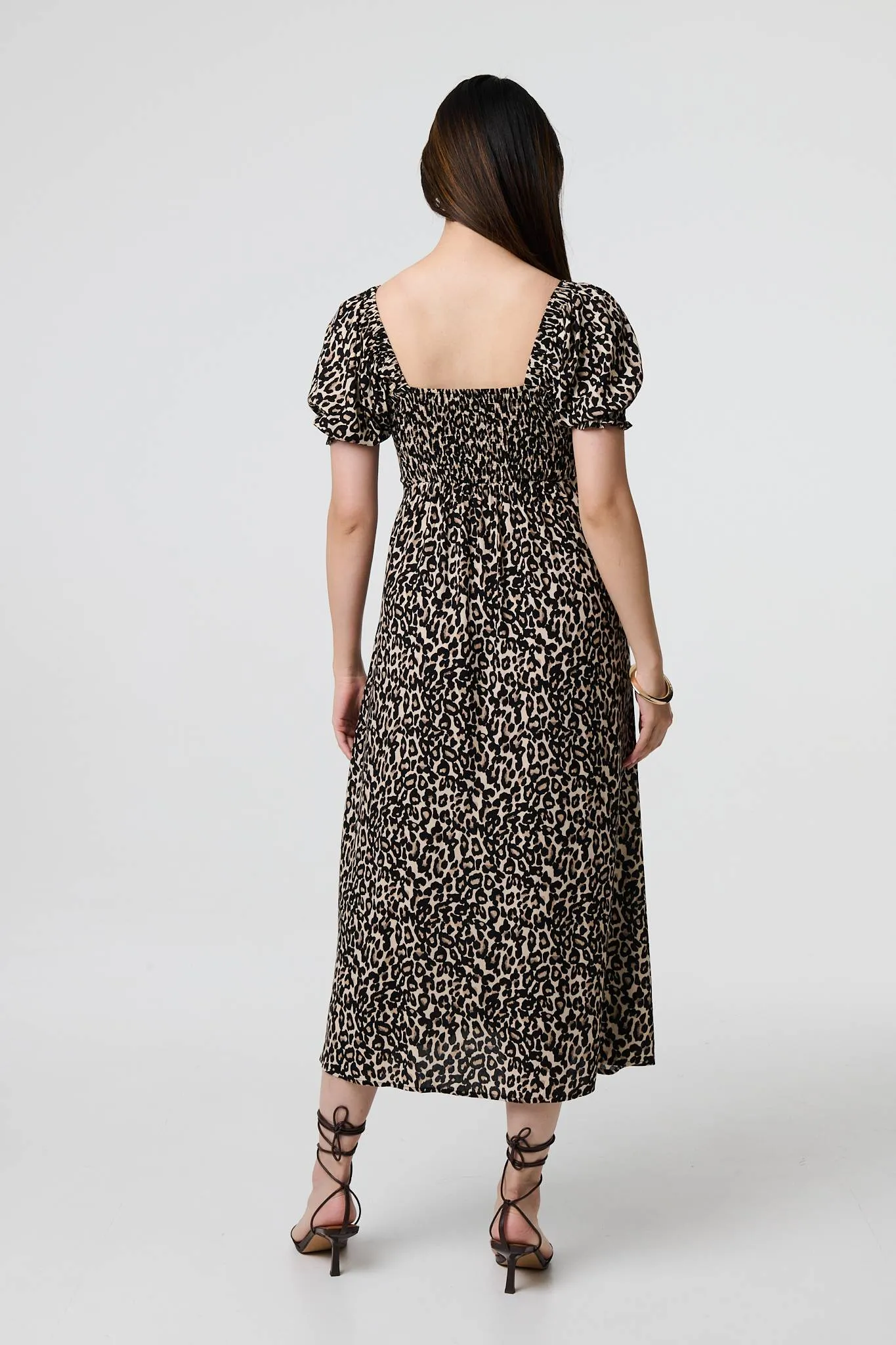 Animal Print Short Puff Sleeve Maxi Dress