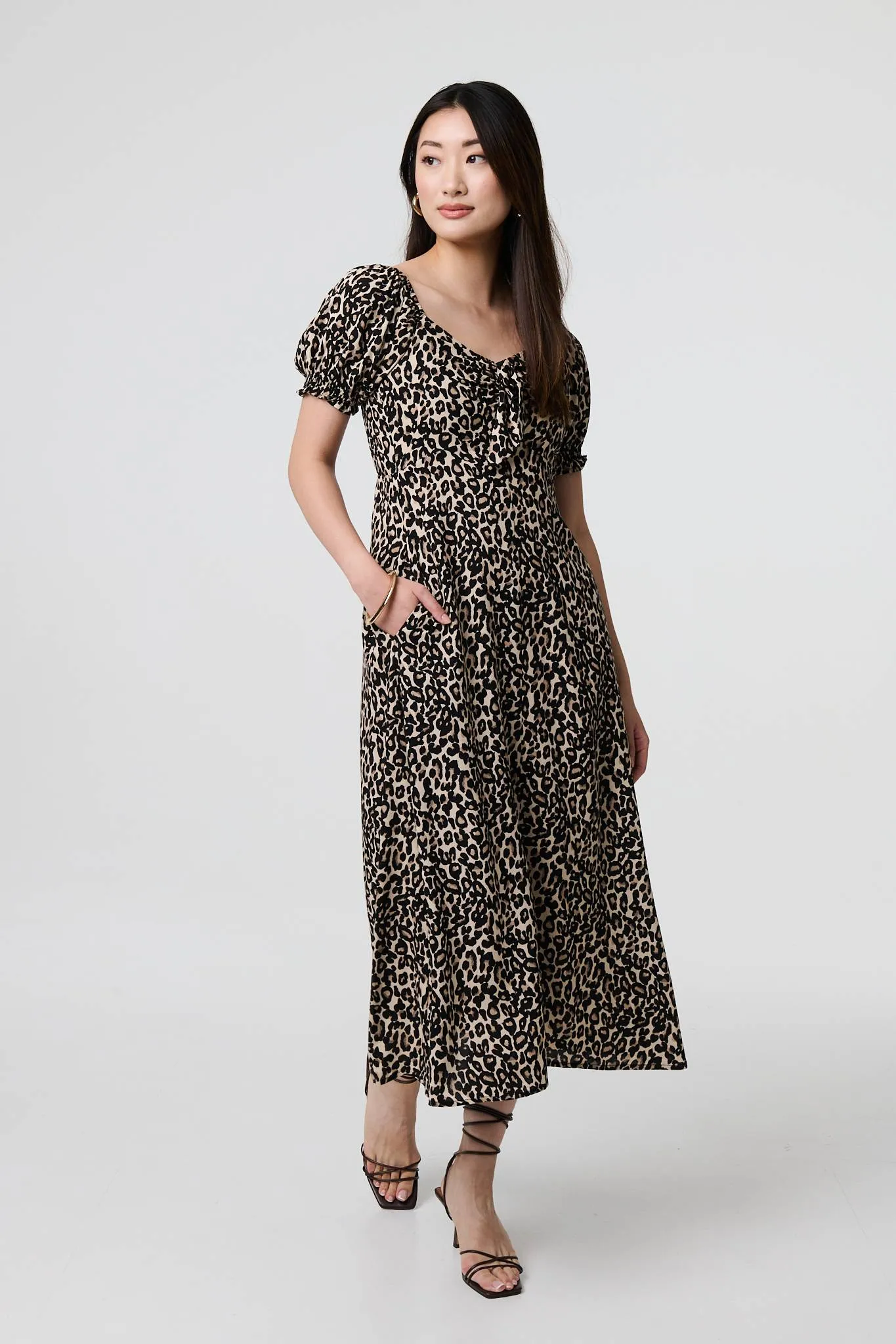 Animal Print Short Puff Sleeve Maxi Dress