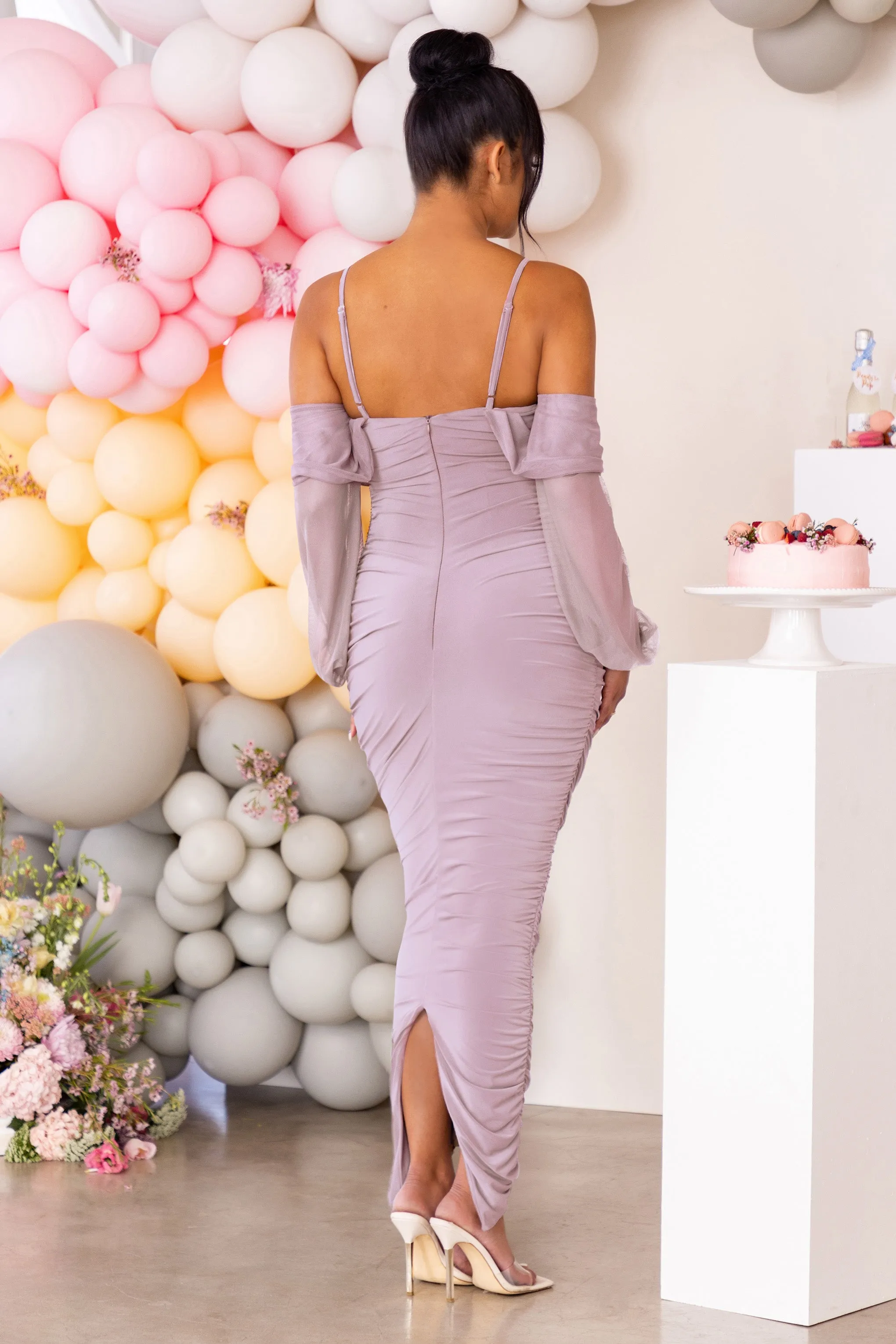 Announcement | Taupe Maternity Bardot Ruched Maxi Dress