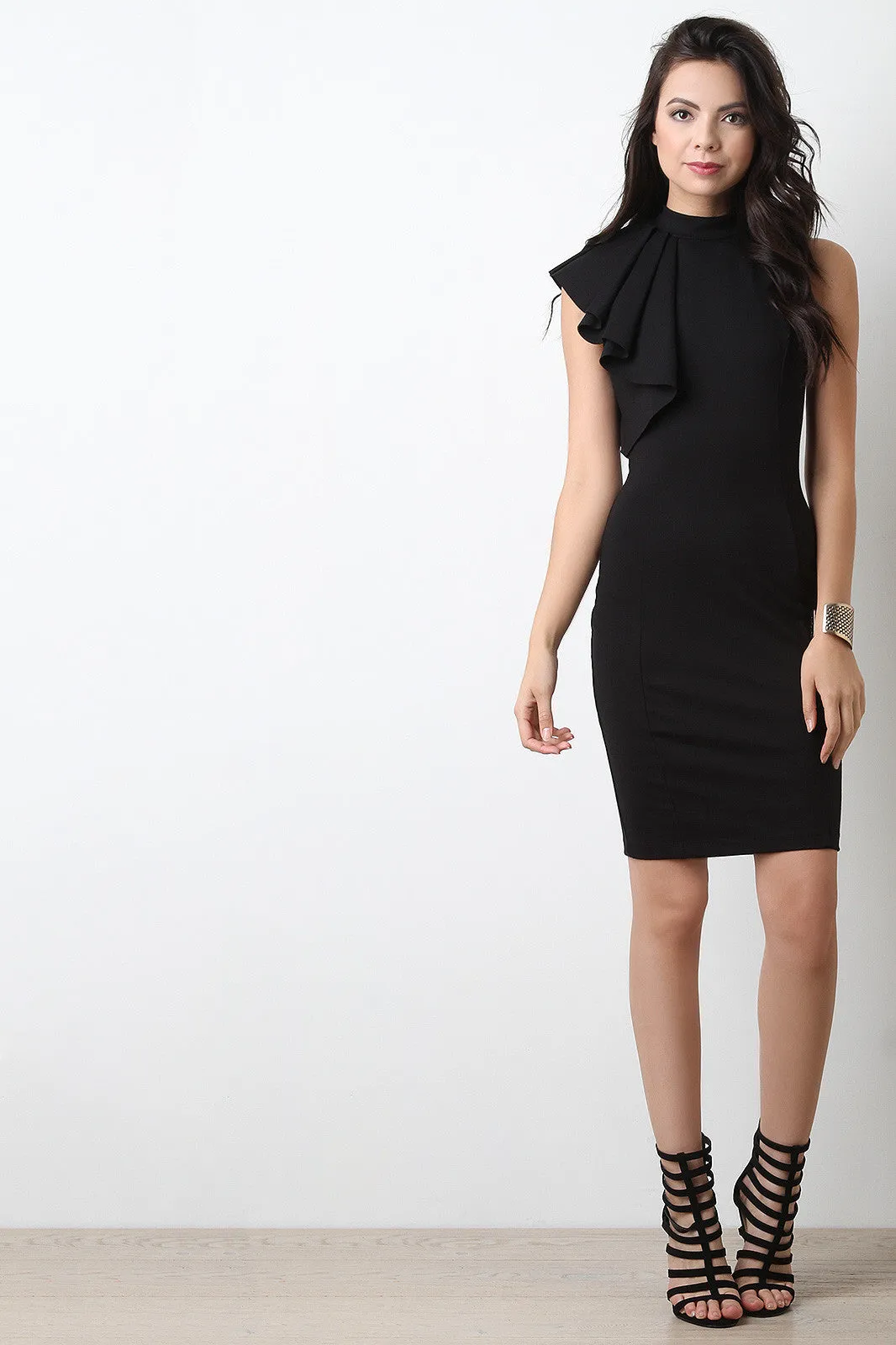 Asymmetrical Mock Neck Bodycon Dress