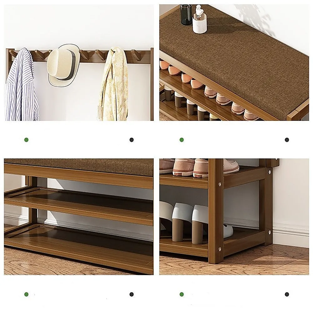 Bamboo Coat Rack with Bench, 9 Hooks and Shoe Storage, 100cm