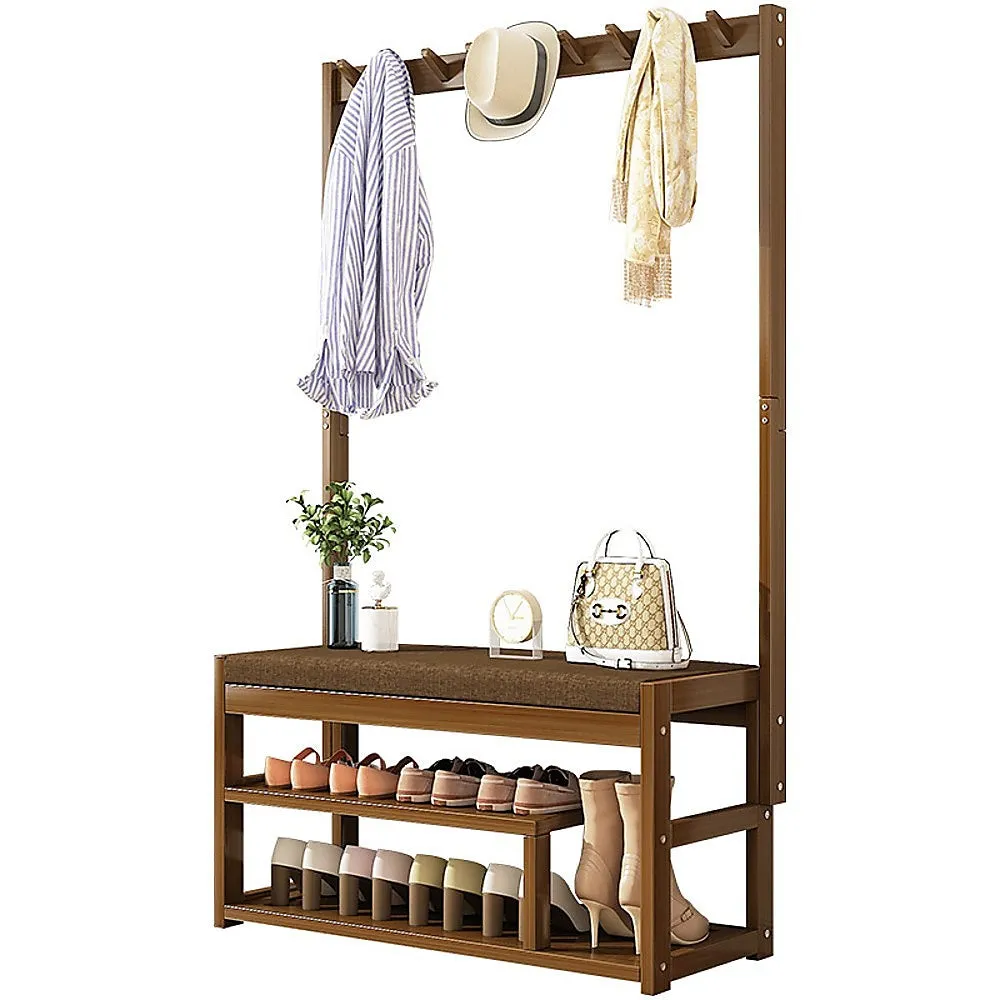 Bamboo Coat Rack with Bench, 9 Hooks and Shoe Storage, 100cm