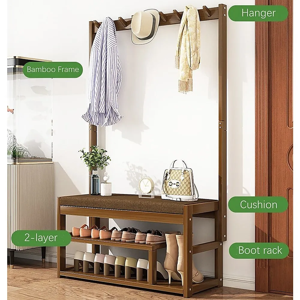 Bamboo Coat Rack with Bench, 9 Hooks and Shoe Storage, 100cm