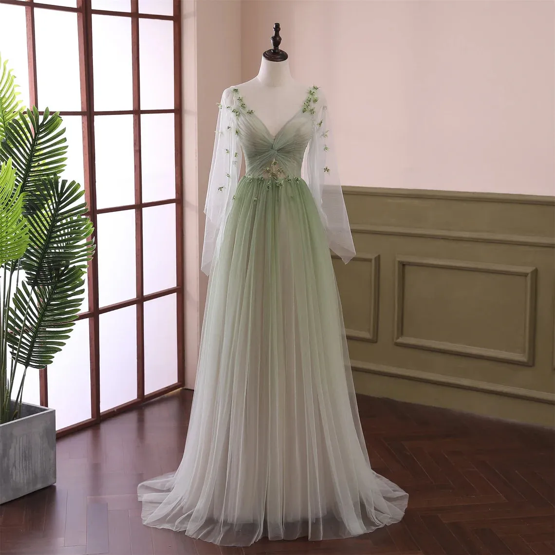 Beautiful Gradient Tulle Green Beaded Long Sleeves Party Dress,Green Formal Dresses