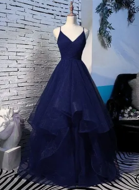 Beautiful Navy Blue Prom Dress Tulle Straps Long Party Dress Princess Formal Gown